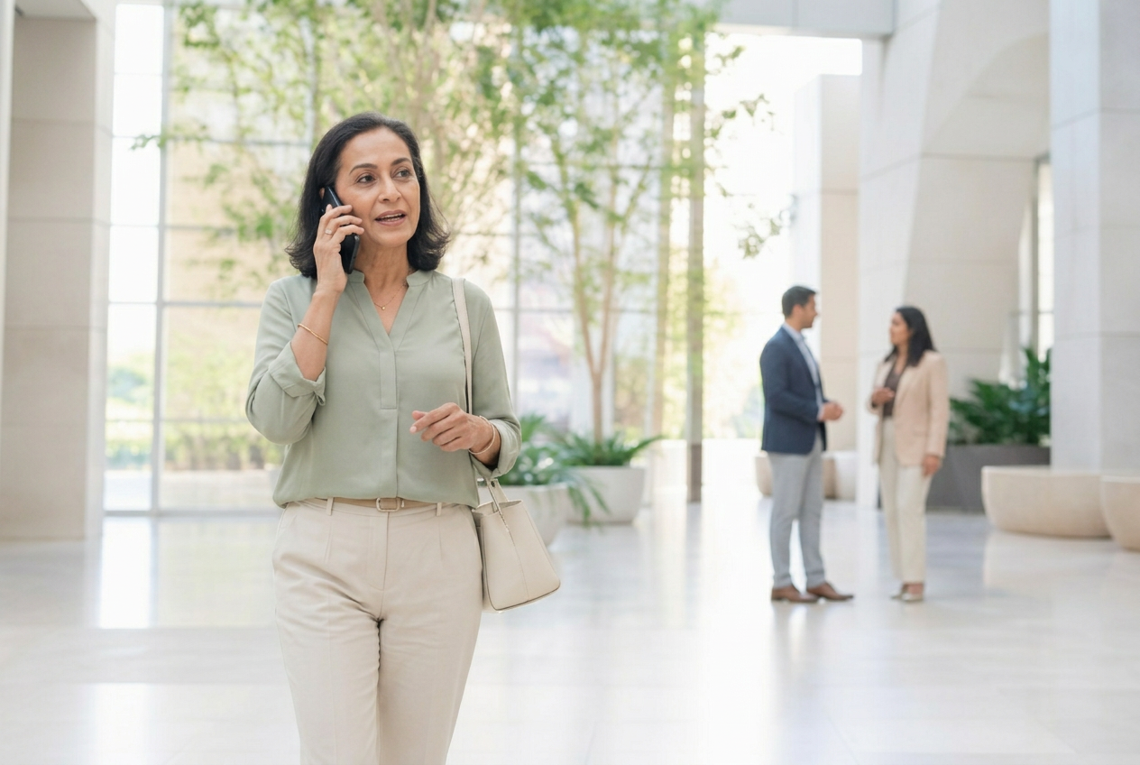Client relations professional handling follow-up while moving between meetings