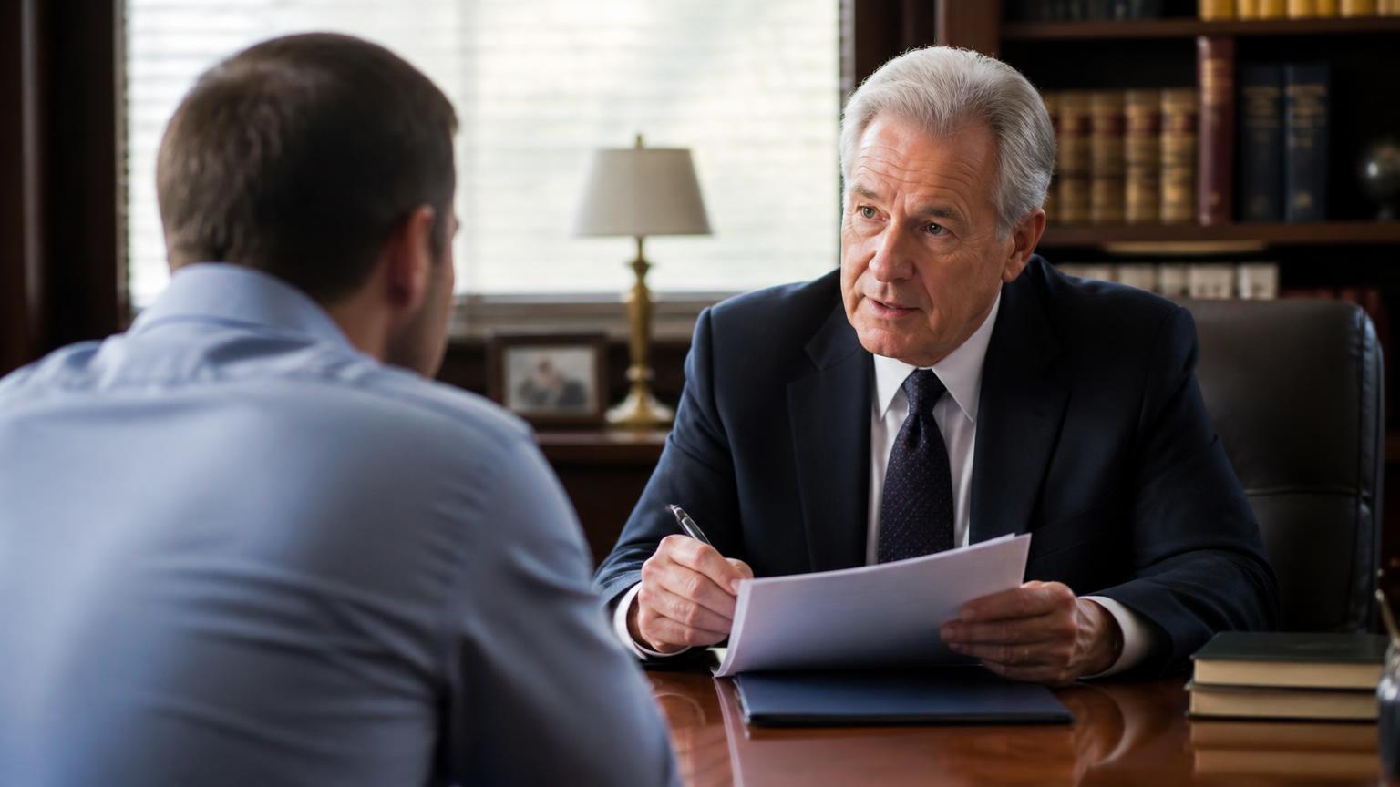 Senior legal administrator reviewing onboarding materials with clients