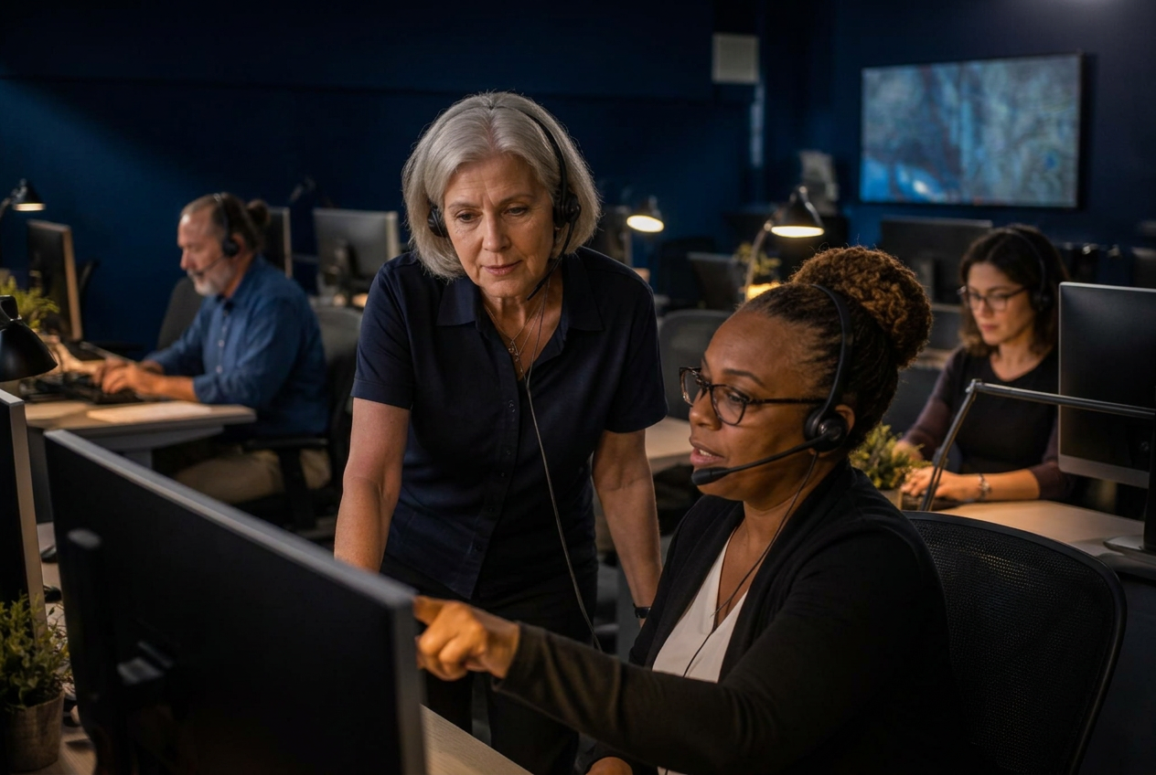 Senior woman operations supervisor assisting a headset support team