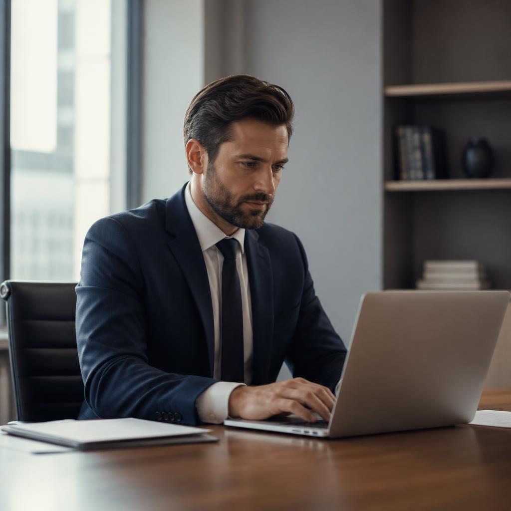 Attorney in his early 40s working at his desk on a laptop