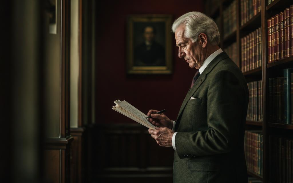 Senior attorney reviewing and annotating a draft in a library